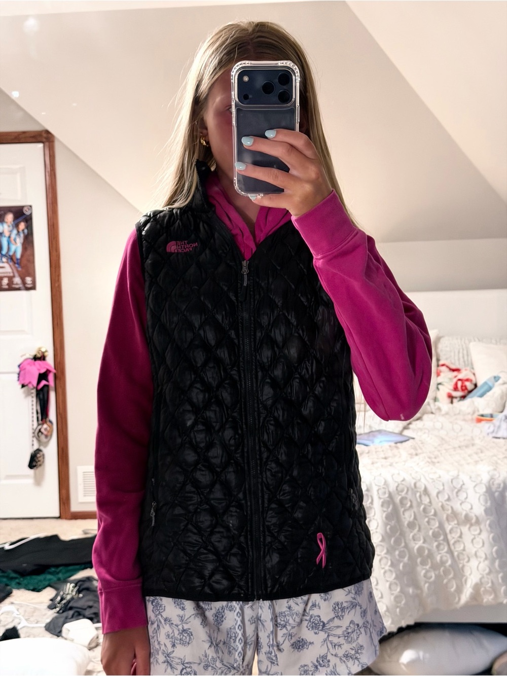 The North Face Women's Black Quilted Vest with Pink Accents